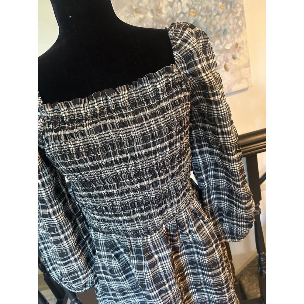 LOFT Outlet Black White Plaid Smocked Midi Dress Square Neck Long Sleeve Large - Picture 2 of 6